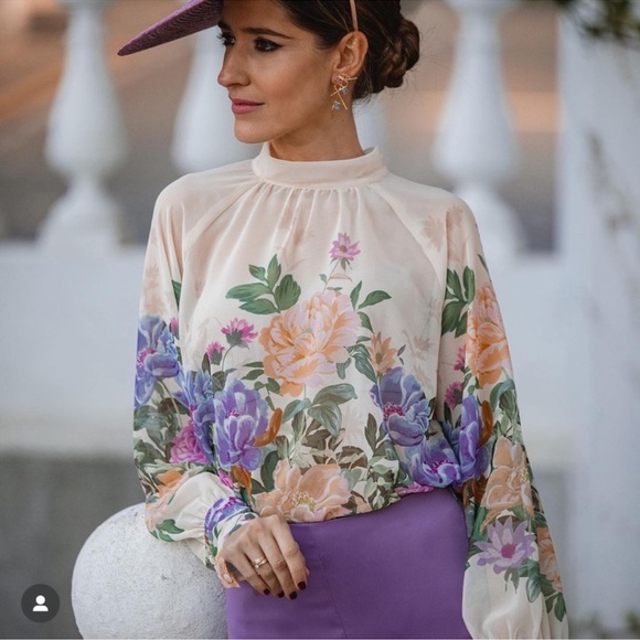 Zara Tops - Zara Floral Cream Blouse with Purple and Peach Blooms